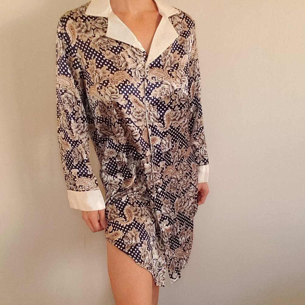 Vintage NWOT Pajamas Set Oversized Buttondown Top Silky Pants Paisley Polka Dots